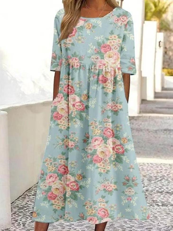 Light Gray Yellow Flower Printed Cotton and Linen Long Dress Round Neck Seven-quarter Sleeve Belly Cover Lazy Versatile Seaside Vacation Pocket Dress