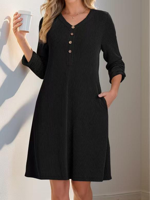 Cross-Border Casual V-Neck Ribbed Dress - Women's Long-Sleeved Autumn/Winter Fashion