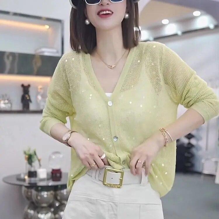 Knitted Sweater with Lazy Style Sequin Hollow V-neck, Loose and Thin Summer Air Conditioning Protective Cover, Long Sleeves