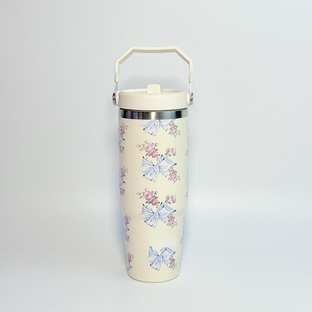 Flower-Shaped Outdoor Portable Insulated Cup, Double-Layer Vacuum Car Cup, Large Capacity with Straw, Portable Ice Cream Cup