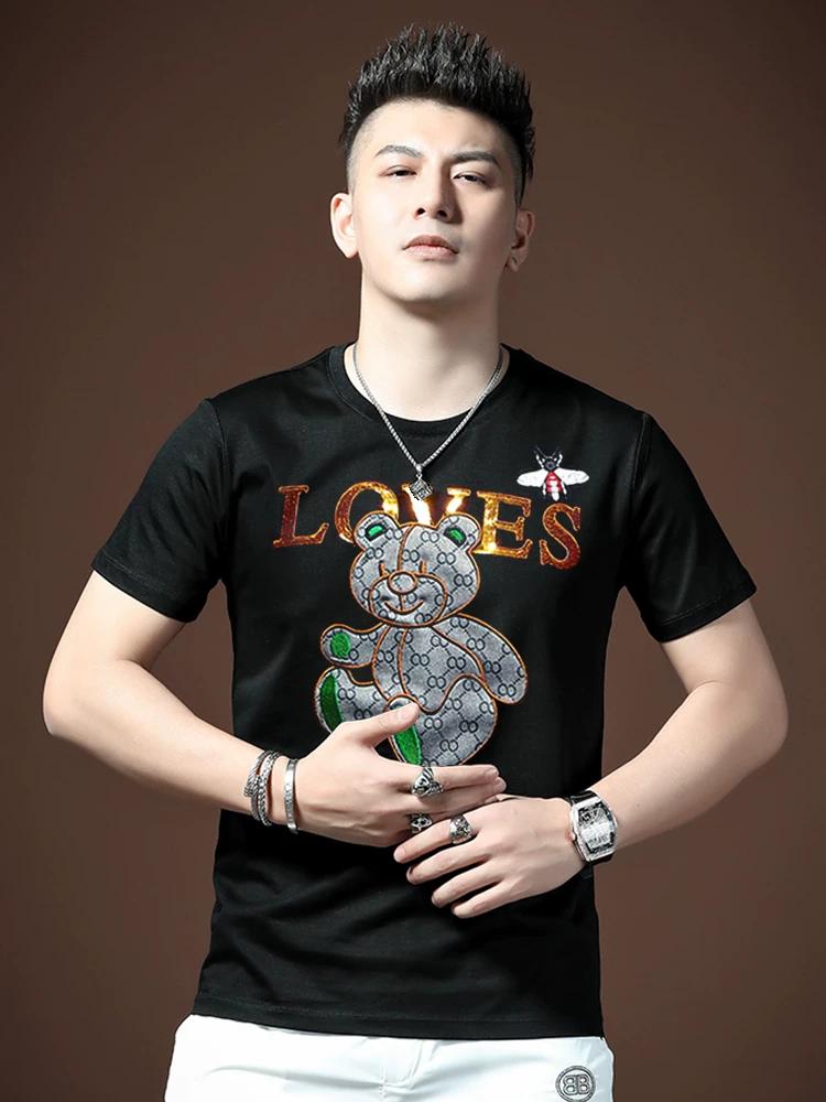 European Station High-End Embroidery Bear Ice Silk Short Sleeve T-shirt Male Fashion Brand Trend 2025 Summer New Arrival Men's Elbow-Sleeved Top