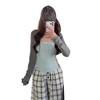 Spice girl contrasting color splicing fake two-piece long-sleeved t-shirt women's spring new slim-fitting and thin vest tube top