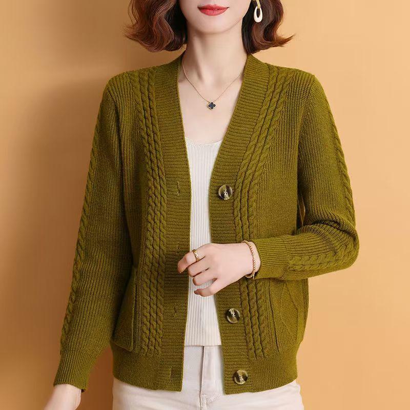 

Women s Thickened Loose V-Neck Sweater Jacket in Korean Style for Winter and Spring Cable-Knit Cardigan 2XL оливковый