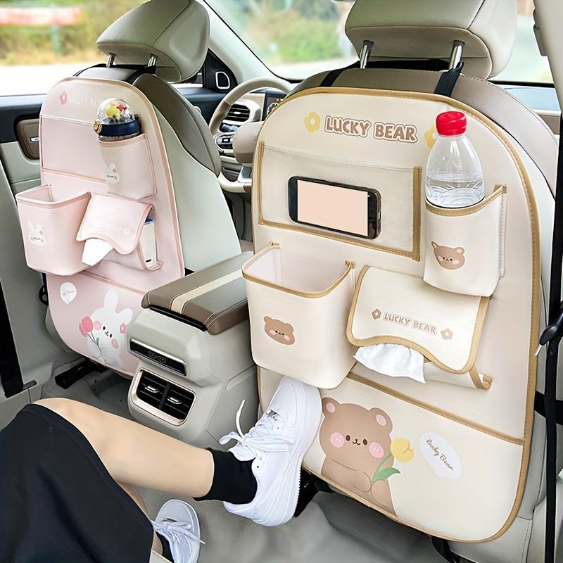 Cute Bear & Rabbit Car Seat Organizer with multi-pocket, tissue box, cup holder and phone slot, ideal cartoon back seat car accessories.