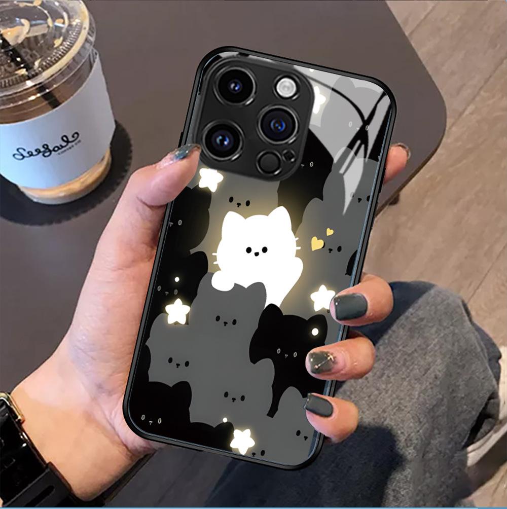 Hot-selling Cartoon Luminous Cat Mobile Phone Case iPhone17 Cute Protective Case Apple 16 All-inclusive Glass Case