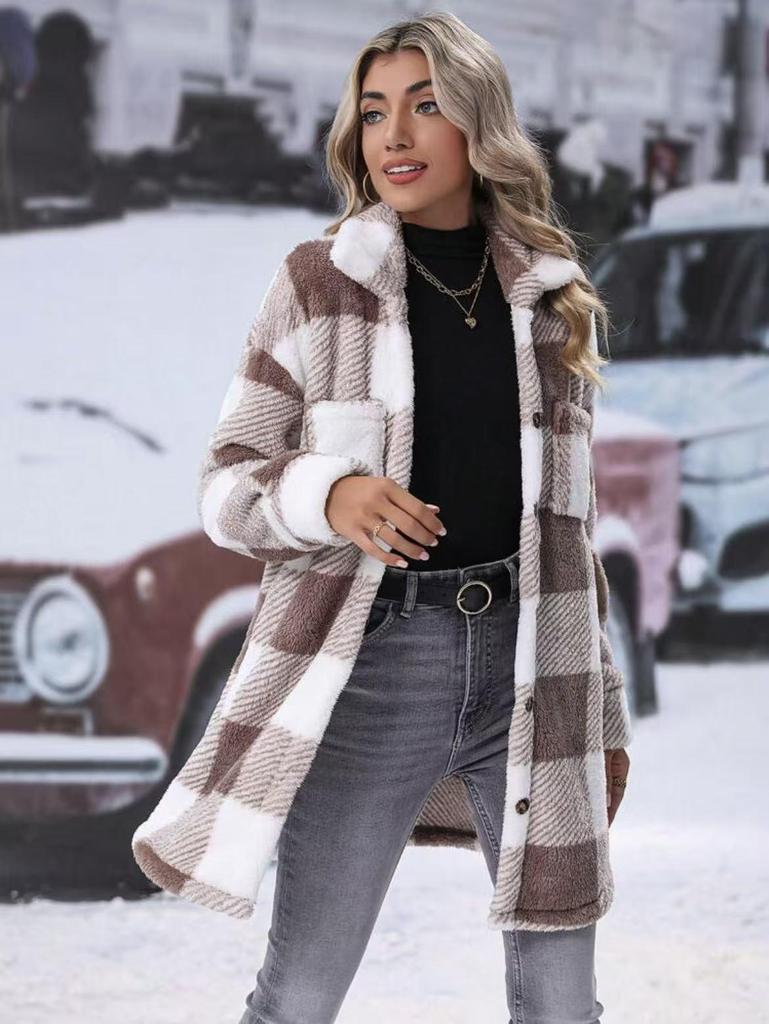 European and American Women's Plaid Wool Lapel Mid-Length Coat - Autumn/Winter Collection