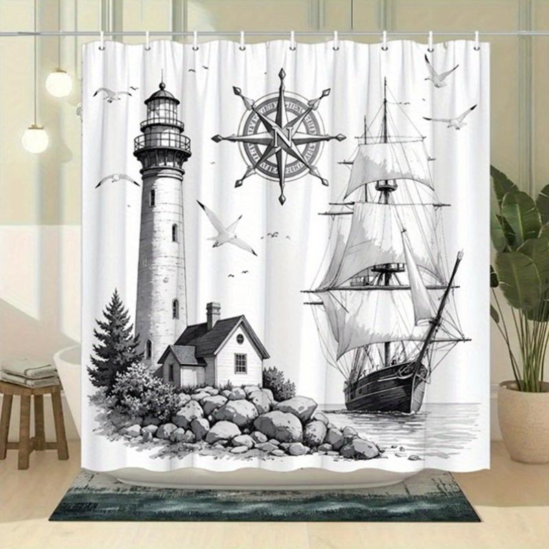 Textile Article Light Retro Nautical Shower Curtain - House & Sailing Ship, Spiral Staircase, Seagulls & Compass Rose, Polyester,70.8X70.8 Inches
