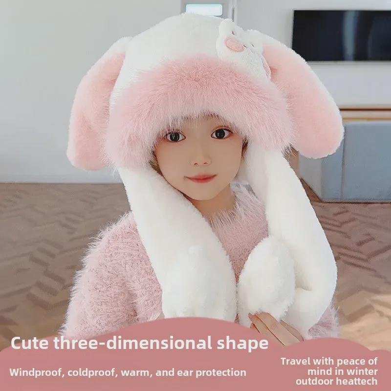 Cute Rabbit Ear Children's Hat & Scarf Combo - Plush, Warm, and Movable Ears for Girls.
