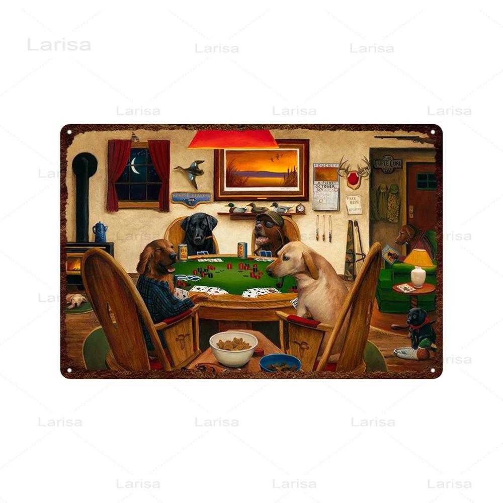 Dogs Playing Poker Game Metal Plaque Animals Playing Billiards Tin Sign Garage Club Wall Pub Tin Sign Vintage Metal Posters