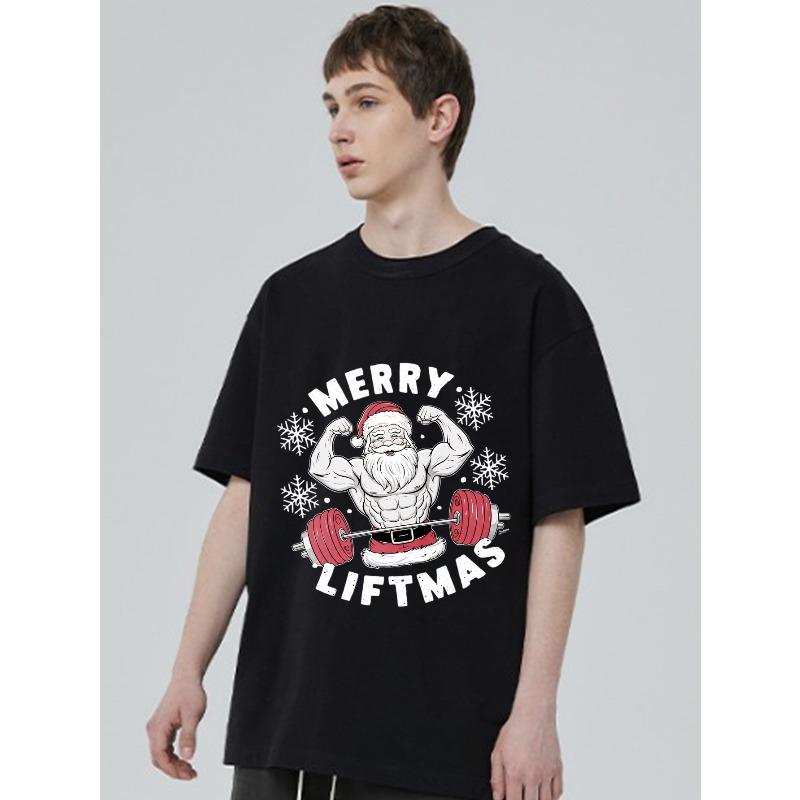 Mens Christmas T Shirt Black Santa Claus Lifting Barbell Merry Liftmas Print Casual Holiday Workout Tee for Festive Season