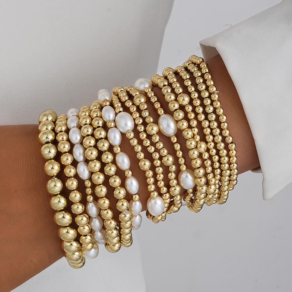 13pcs Vintage Gold Color Pearl Bead Bracelet Set for Women Elegant Multi Layer Stacked Elastic Bracelets Daily Holiday Jewelry