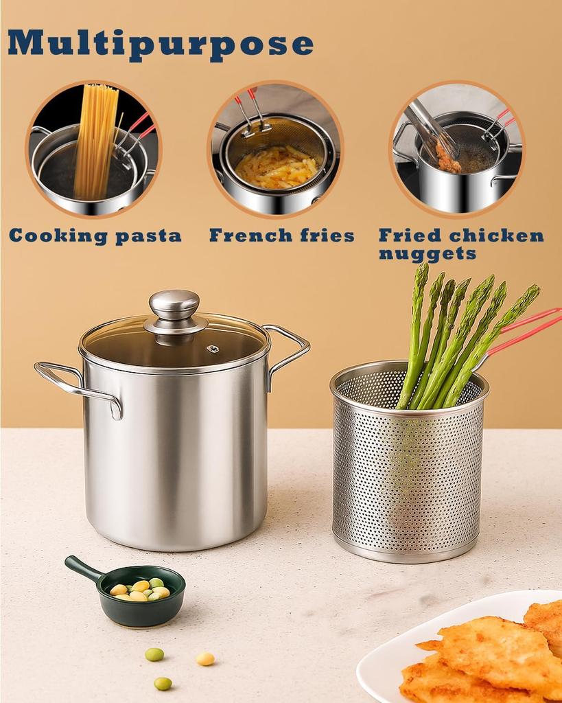 Stainless Steel Deep Fryer Pot With Basket & Lid, Oil Strainer Pot For Frying Fish, Shrimp, Chicken & Fries - Japanese