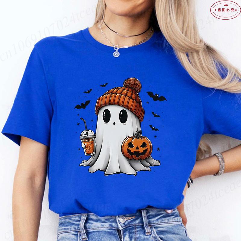 Little Boo Drinking Coffee Women T-Shirts Fashion Halloween Party Spooky Season Shirt Harajuku Graphic Tops Casual Streetwear