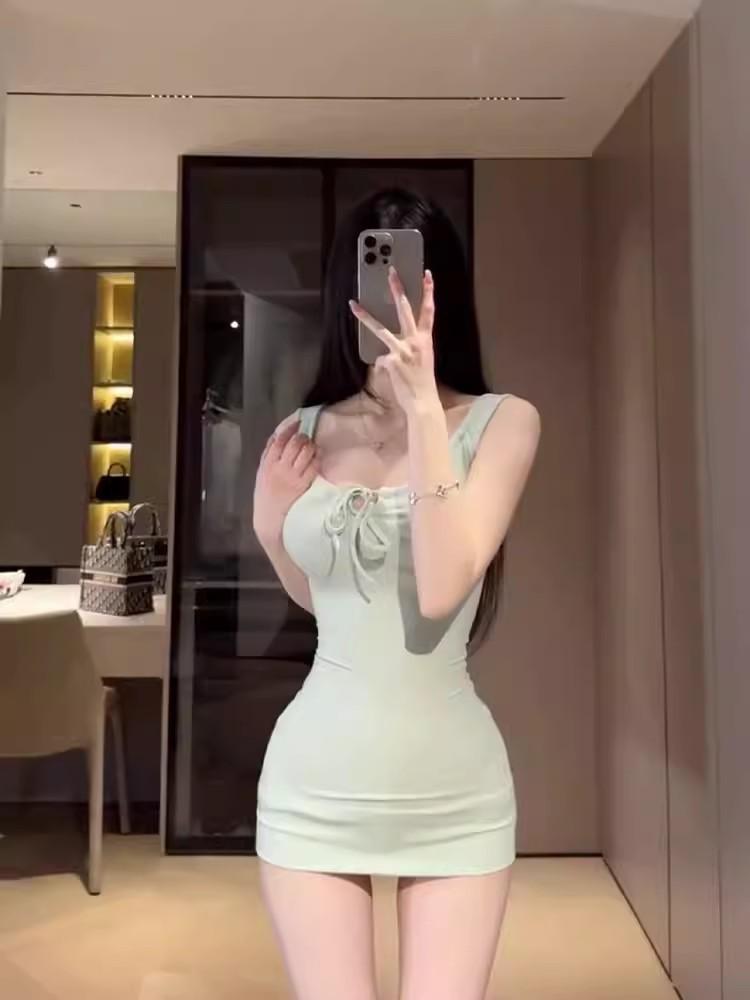 Spice Girl Yellow Lace-up Suspender Dress Summer Small Man Pure Desire Sexy Tight and Thin Waist and Hip Skirt