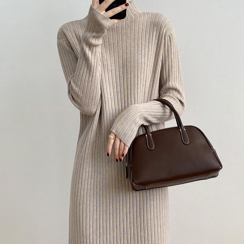 Mid-length Pullover Sweater for Women's Autumn and Winter Half Turtleneck Knee-length Knitted Dress Solid Color Casual Sweater Dress