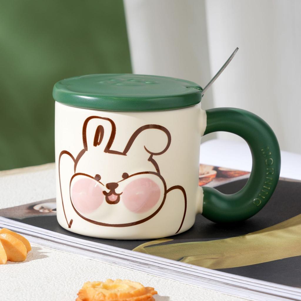 Cute Animal Milk Fufu Ceramic Cup Cartoon Mug with Lid Spoon for Girls Water Cup Household Coffee Cup Milk Cup