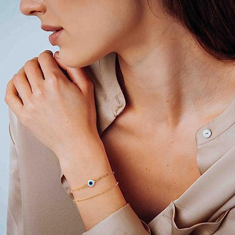 Bracelet Chaîne à Maillons en Acier Inoxydable Fait Main Bonne Chance Œil Turc Maléfique Couleur Dorée Pour Femmes Hommes Bijoux Cadeau de Fête