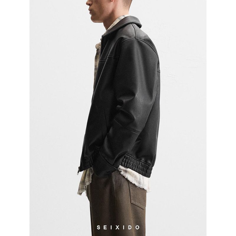 Cabinet 429! New Autumn and Winter Men's Loose-Fitting Faux Leather Jacket with a Turn-Down Collar and Zipper, Model 4027300, Washed Pu Leather Jacket