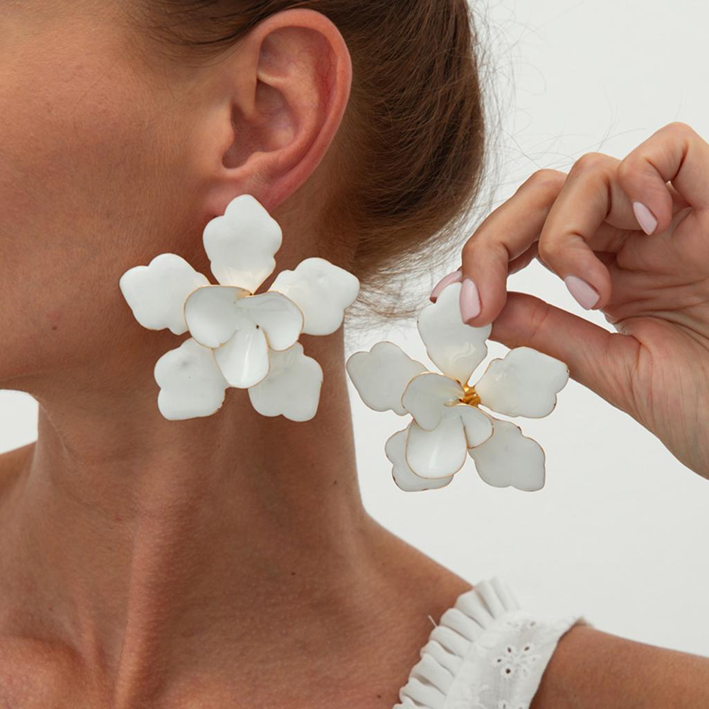 SHIXIN 6 Colors Elegant Drip Oil Big Flower Stud Earrings for Women New Trendy White Floral Earrings Female Daily Jewelry Gift