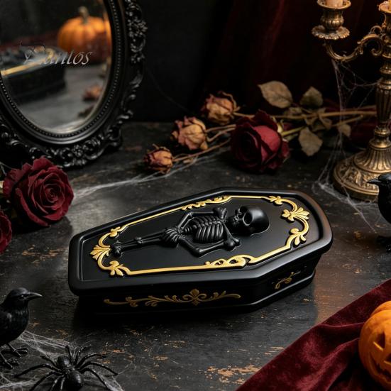 Skull Storage Organizer Gothic Casket Jewelry Box, Resin Spooky Figurine for Tabletop Rings, Halloween Dark Organizer, Unique Gift Goth Lovers