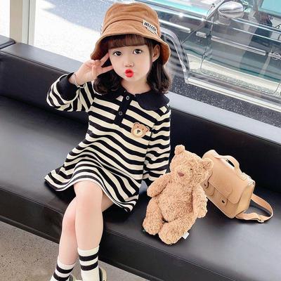 Girls' Striped Polo Dress with Bear Design - Long-Sleeved, Lapel, College Style for Autumn
