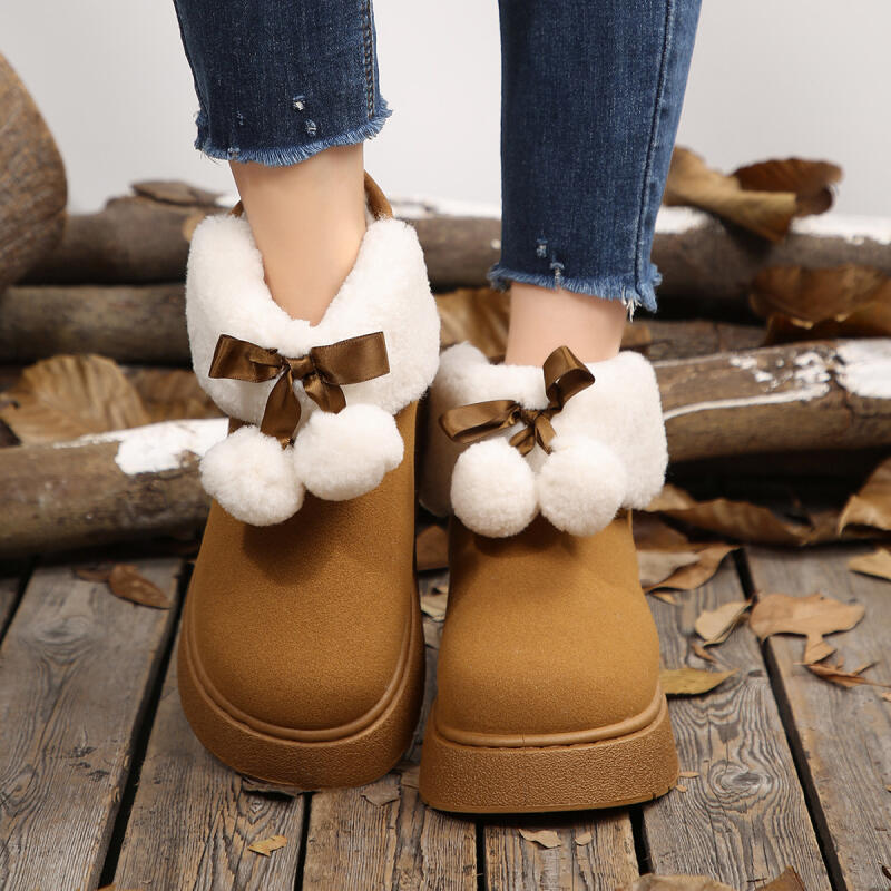 Fashion Soft Thick Bottom Furry Snow Boots Women 2025 Winter Chunky Platform Fluffy Fur Ankle Boots Cute Plush Ball Bowknot Cotton Shoes