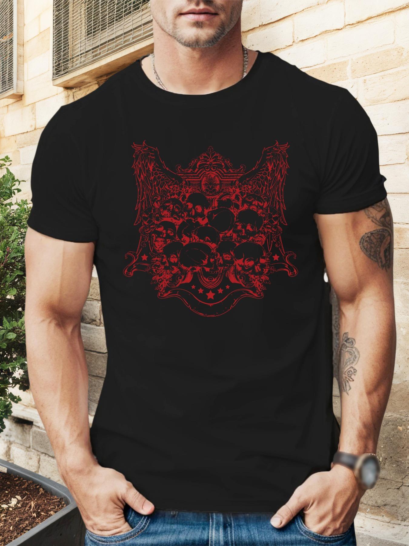 Navy Blue Casual Short Sleeve T-shirt - Skull & Wings Graphic Print XXXXL