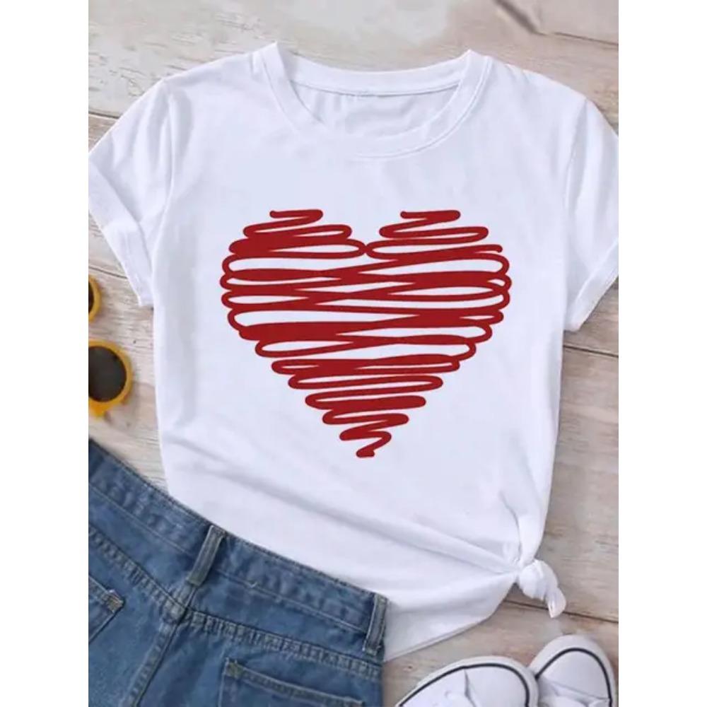 20245 Damen Rundhals Kurzarm T-Shirt Liebesmuster Top Damen Casual T-Shirt Y2K Mode Atmungsaktiv Kurzarm