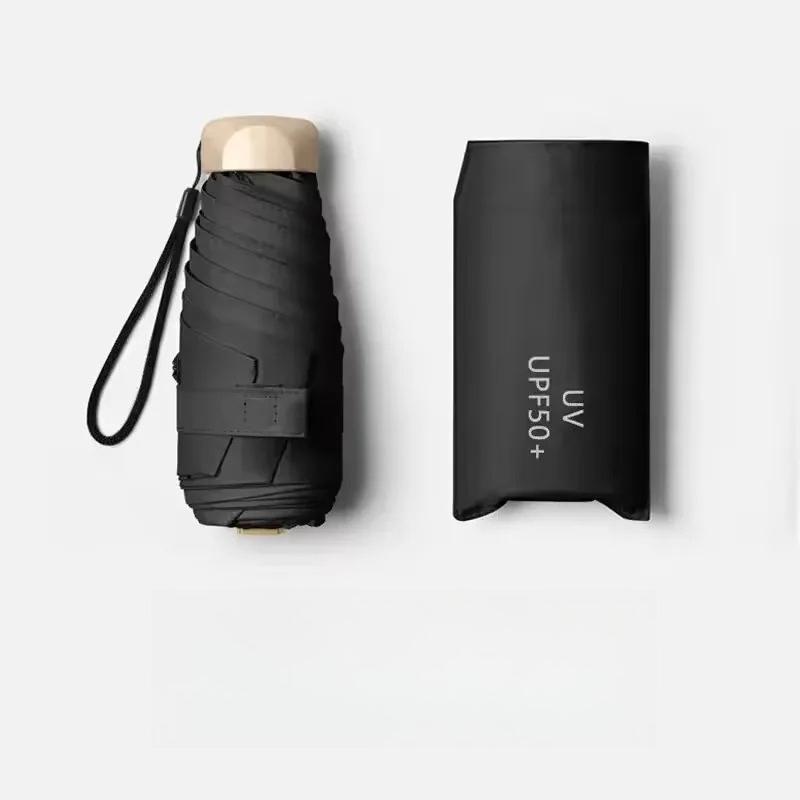 Half-price Umbrella, 6-rib Umbrella, Capsule Umbrella, Black Rubber Mini Flat Parasol, Folding Umbrella for Sun and Rain