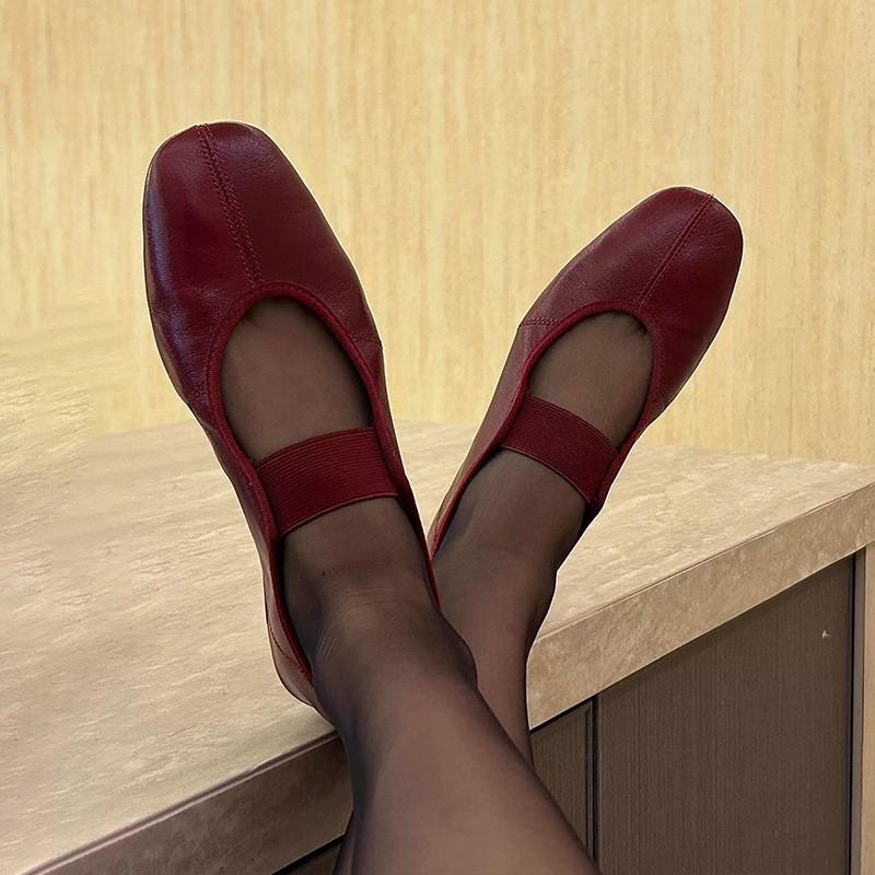 Sheepskin version~ niche new Korean version of red leather ballet Mary Jane women's shoes elastic band single shoes women's flat bottom