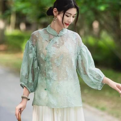 Frauen Stehen Patchwork Shirts Chinesischen Stil Einfarbig Sieben Ärmel Tops Frühling Taste Vintage Frauen Blusen