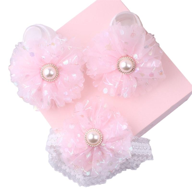 Lace Headband & Socks for Baby Unisex Boy Girl Elastic Headdress Anti-Skid Floor Socks Gender Neutral Heads Accessories