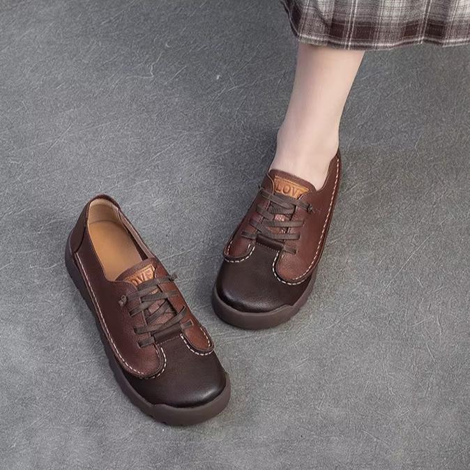 Johnature Retro Genuine Leather Flat Shoes Casual And Comfortable Soft Soled Commuting Women's Shoes