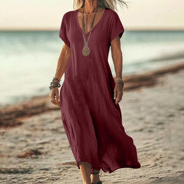 V-Neck Loose Solid Color Cotton Linen Women's Dress