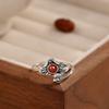 Adjustable Copper Ring With Natural Red Agate Lotus Flower Design Vintage Boho Statement Finger Women