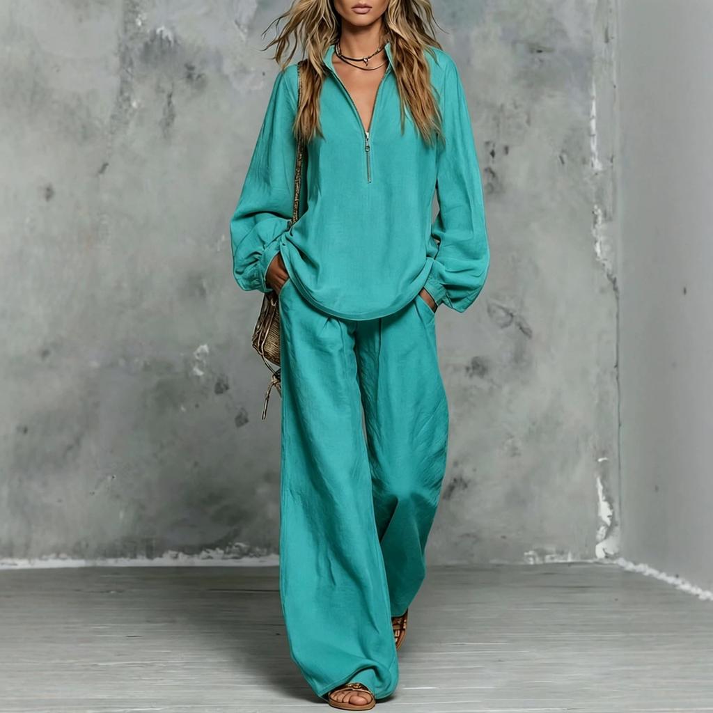 Women's Casual Two-Piece Top and Bottom Set with Half Zip Turn-Down Collar, Sleeves, Cotton Linen