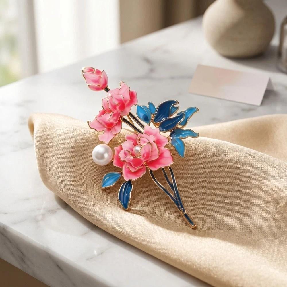 Elegant Peony Flower Corsages Chinese Style Enamel Pin Vintage Cloisonne Brooch  Casual Suit