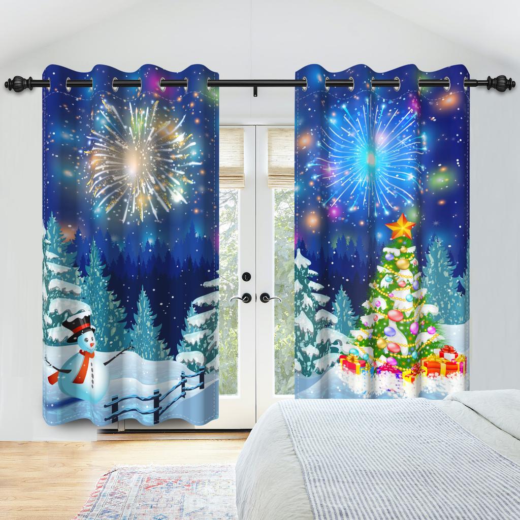 Winter Snow Scenery Blackout Curtains Snowman Pine Forest Pattern Bedroom Living Room Darkening Noise-reducing Window Curtain