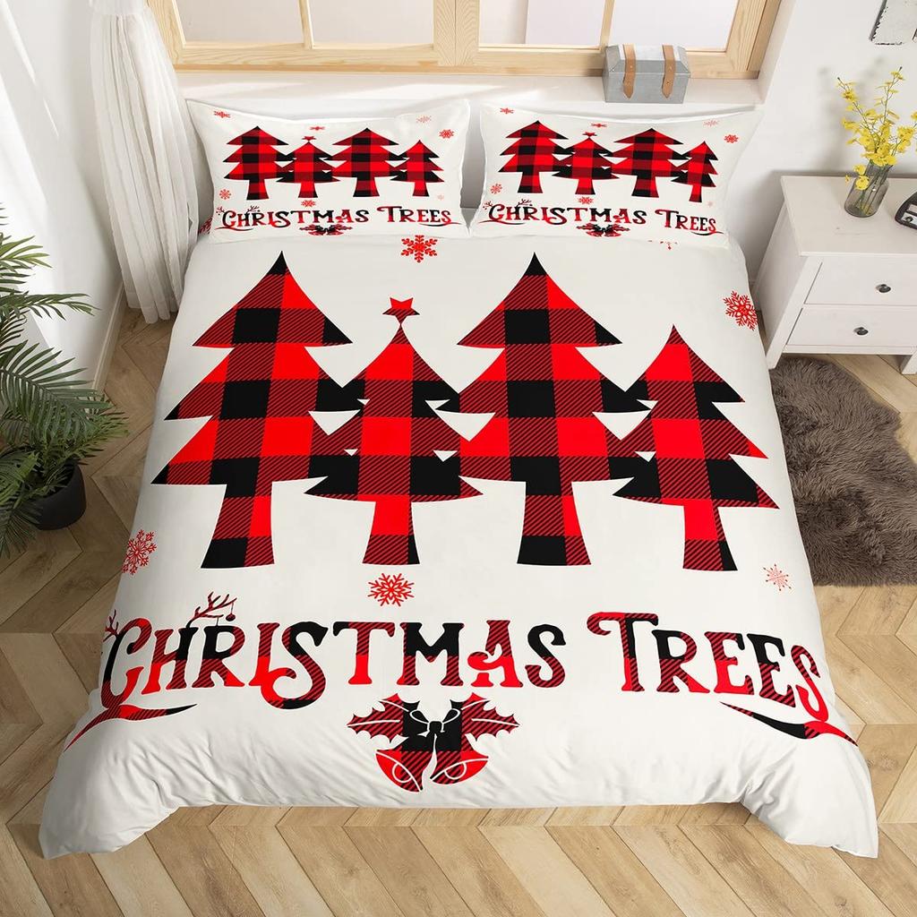 Merry Christmas Duvet Cover Set,Red Buffalo Checked Rustic Truck Comforter Cover,Plaid Xmas Tree Elk Deer Snowflake Bedding Sets