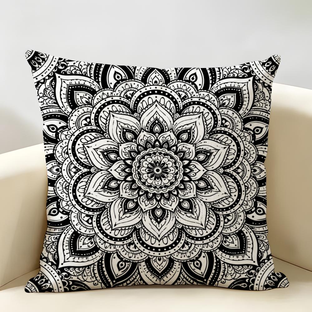 Black And White Mandala Cushion Cover Durable Hypoallergenic Organic Linen Pillow Cover Short Size Washable Skin-Friendly