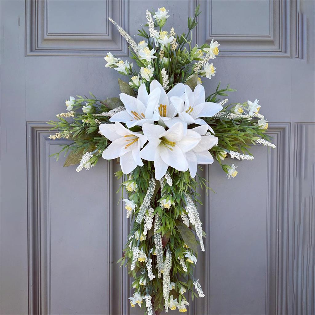 New Easter Cross Wreath With Bow Rattan Ring Garland Hanging Ornament For Home Front Door Wall Garden Decoration Art Gift