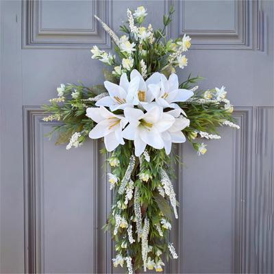 Nouvelle Couronne Croix de Pâques avec Nœud Guirlande Anneau en Rotin Ornement Suspendu pour la Maison Porte d'Entrée Mur Décoration de Jardin Art Cadeau