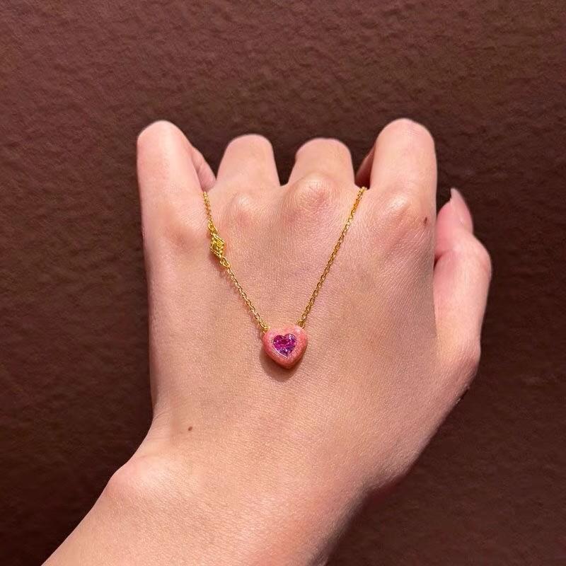 sweet style heart-shaped Pink gemstone necklace for Women light luxury pendant inlay diamond collar chain wedding jewelry