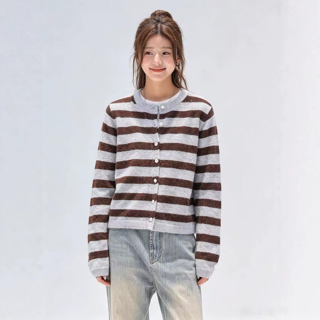 Striped sweater cardigan women's autumn 2026 new thin casual short long-sleeved knitted top jacket