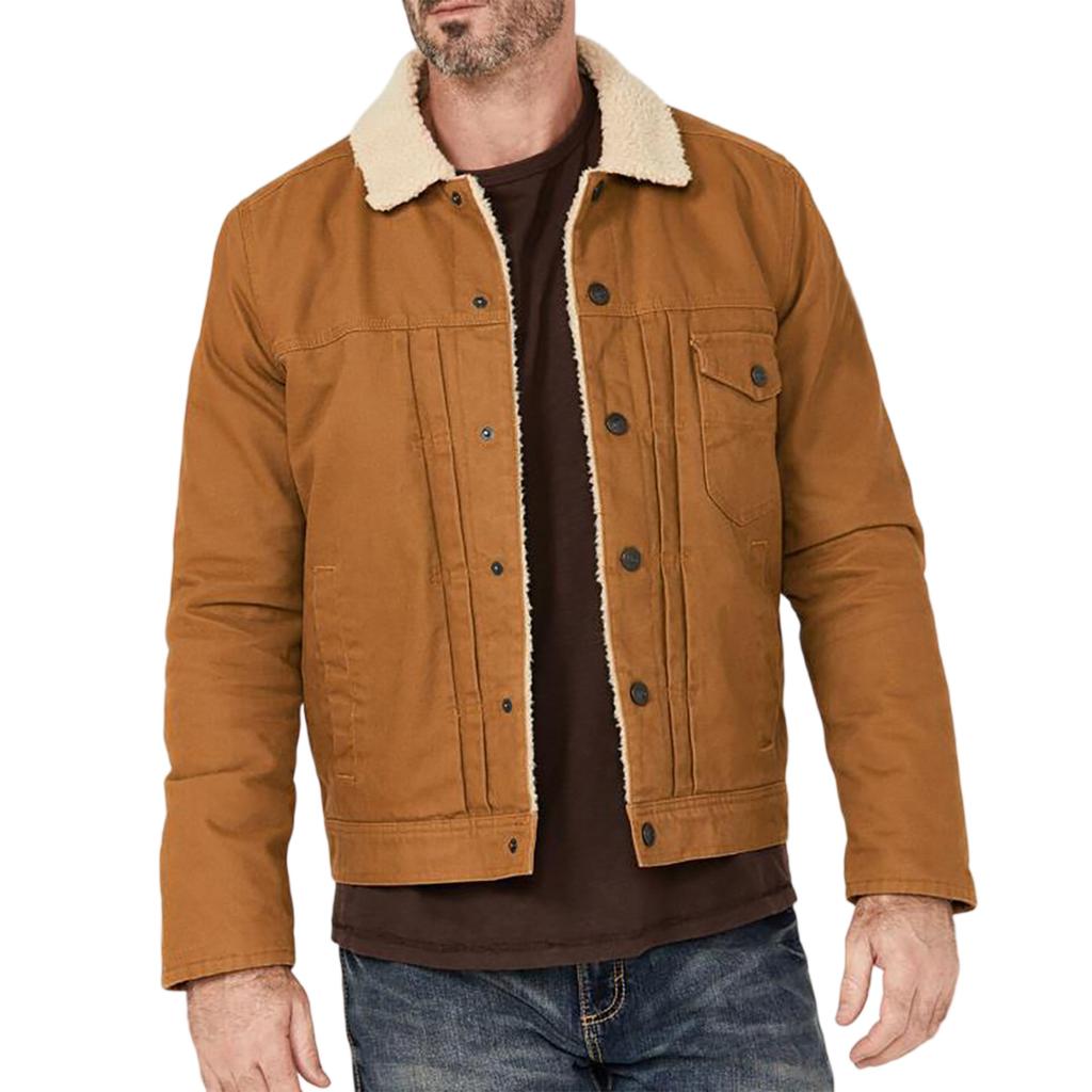 Men's Solid Color Button Pocket Work Jacket Men's Casual Plush Coat