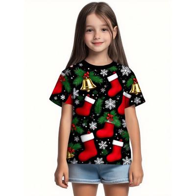 Children's Christmas T-shirt, Fashionable Christmas Socks, Printed Streetwear, Short Sleeved T-shirt, Girls' Holiday Cool T-shirt
