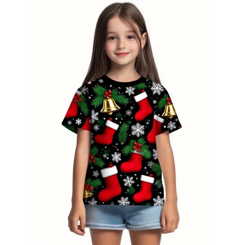 Children s Christmas T-shirt, fashionable Christmas socks, printed streetwear, short sleeved T-shirt, girls  holiday cool T-shirt 150
