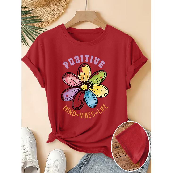 Women's Elegant Short-Sleeve Gift with Rainbow Daisy Positive Energy Quote Print Pattern and Vintage Round Neck T Fresh and Natural Style