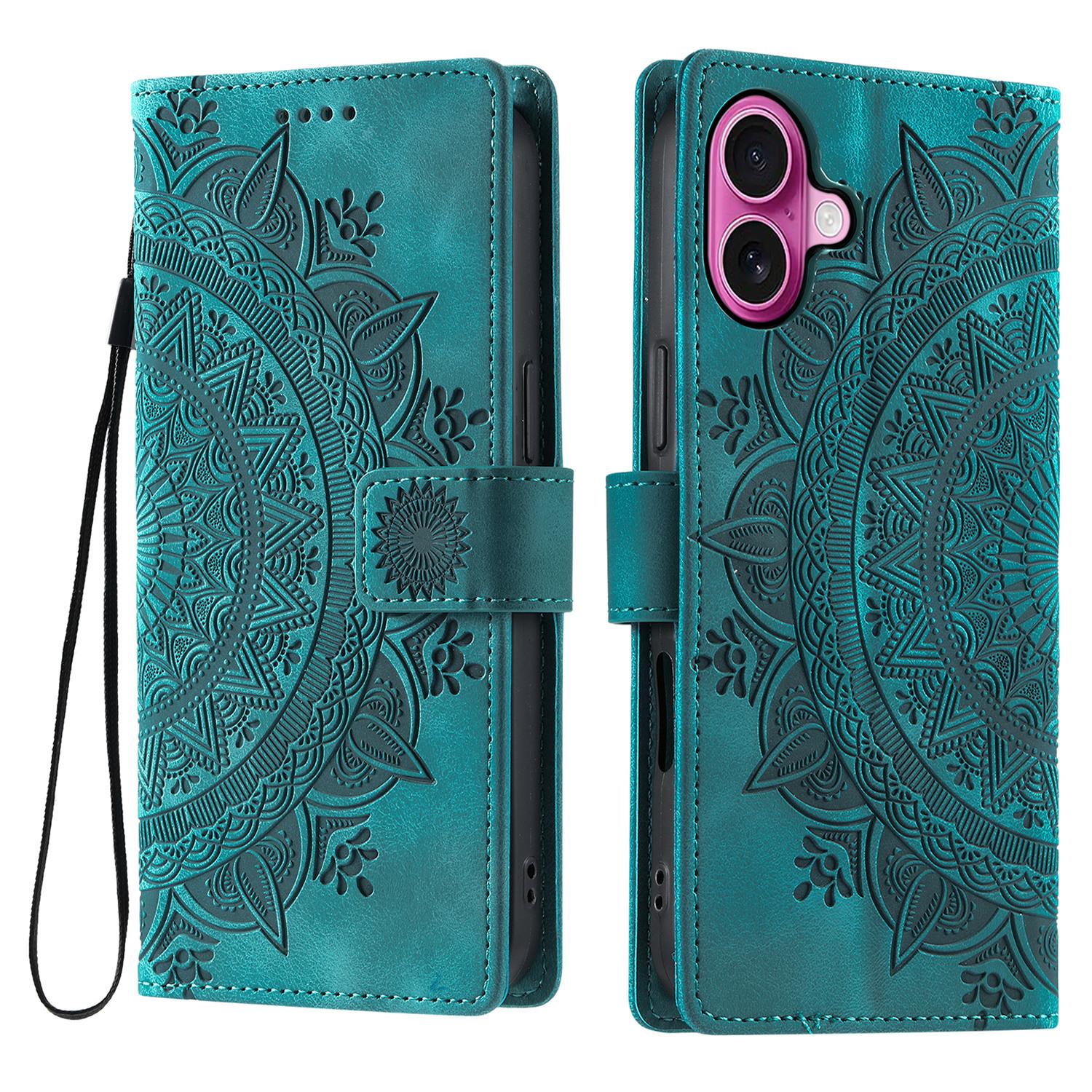 

For iPhone 17 Case Imprinted Totem Skin Feel Wallet Leather Phone Cover with Hand Strap Mint Green