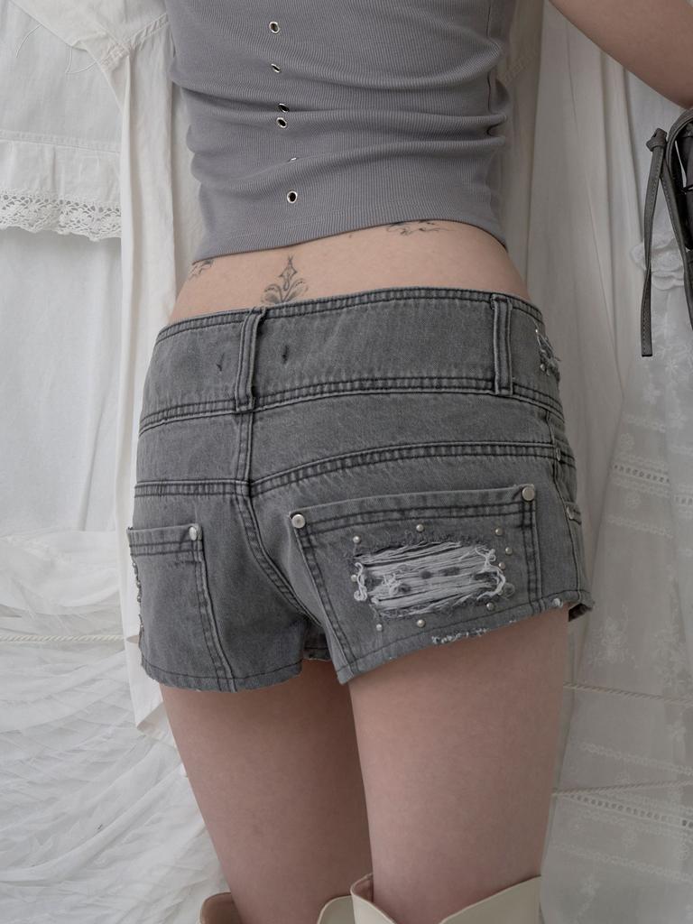 Iyussiti Damaged Stud Micro Denim Shorts